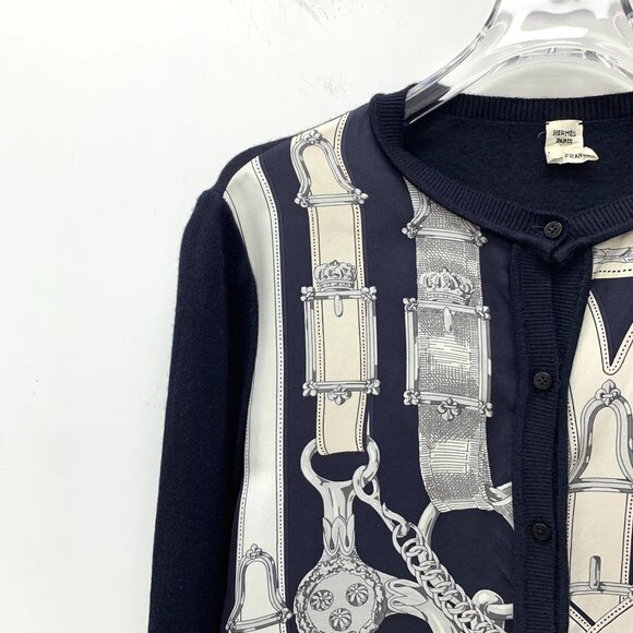 Hermès Paris Chain Print Silk & Cashmere Button Cardigan Navy & White Size 34 XX - Picture 8 of 8